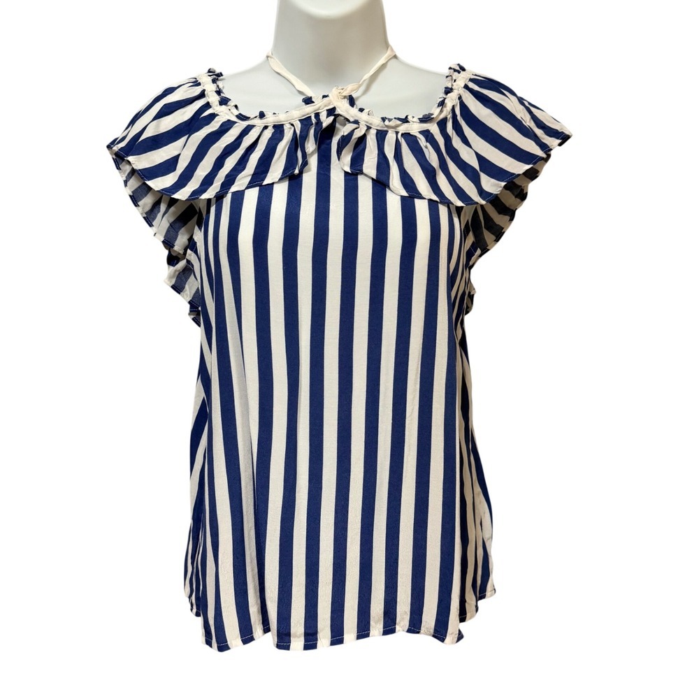 Anthropologie Lark Striped Ruffle Neck Halter Blouse Navy White Petite XSP NEW